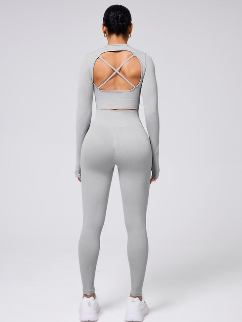Back Crisscross Round Neck Long Sleeve Top and Leggings Active Set - Odaingerous